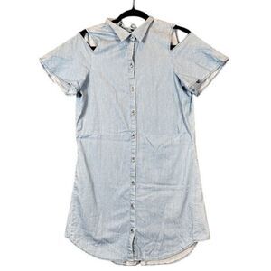 ZARA Chambray Blue Shirt Dress Collared Open Back Button Front Cold Shoulder XS